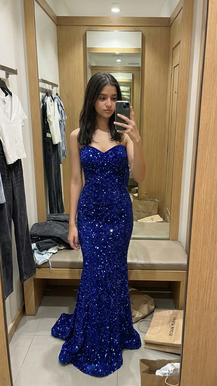 AI try-on result: woman wearing evening dress generated by Outfii